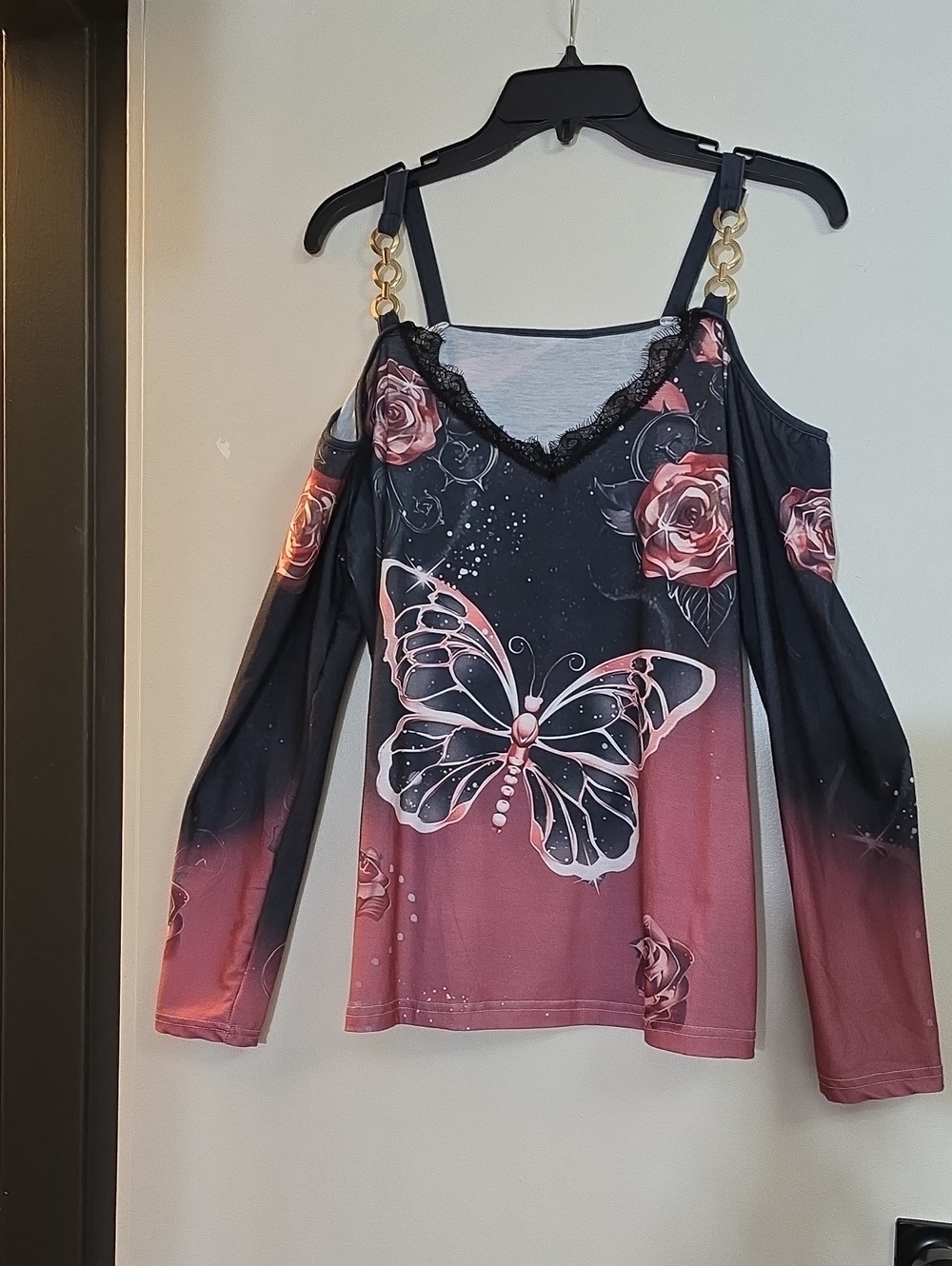 Cold-Shoulder Butterfly & Rose Print Long Sleeve Top - Black and Dusty Rose